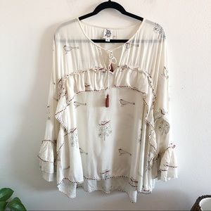 IVY JANE cream peasant ruffle bird print tunic XL